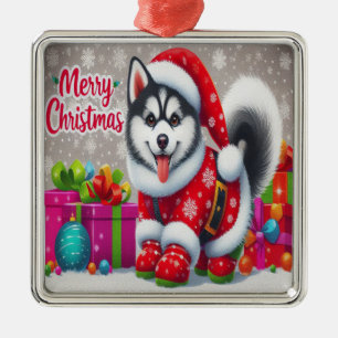 Vrolijk Kerstmis Whimsical Siberische Husky Dog Xm Metalen Ornament