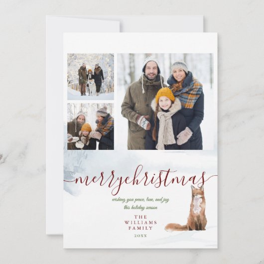 Vrolijk Kerstmis Winter Fox 3 Foto Collage Feestdagenkaart (Voorkant)