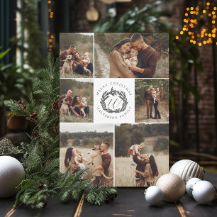Vrolijk Kerstmis Zes Foto Garland krans Monogram Feestdagenkaart