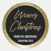 Vrolijk Kerstmis Zwart en Goud Ronde Sticker (Voorkant)