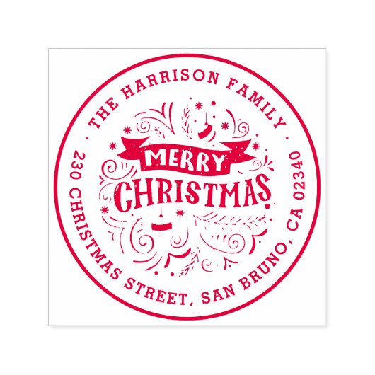 Vrolijk Kerstmisbanner Ronde Naam & Terugkeeradres Zelfinktende Stempel (Design)