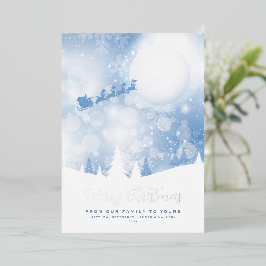 Vrolijk Kerstmisschrift Blauwe Sneeuw Echt Folie Feestdagenkaart (Staand Voorkant)