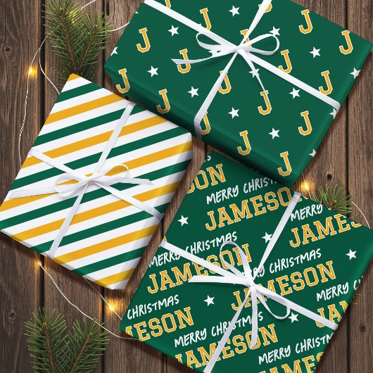 Vrolijk Kerstnaam Monogram Groen Goud Tieners Inpakpapier Vel