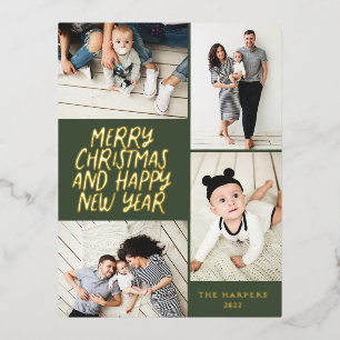 Vrolijk kerstnieuwjaar 4 Fotocollage Evergreen Folie Feestdagen Briefkaart