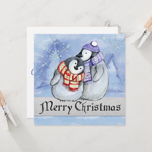 Vrolijk kerstpinguïns kaart (Voorkant / Achterkant in situ)