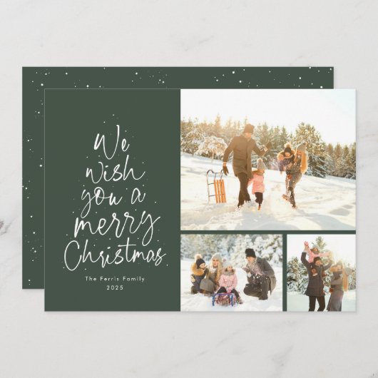 Vrolijk kerstplezier groene drie foto familie feestdagenkaart (Voorkant / Achterkant)