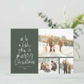 Vrolijk kerstplezier groene drie foto familie feestdagenkaart (Staand voorkant)