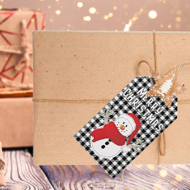 Vrolijk Kerstplezier Sneeuwman Cartoon Black Plaid Cadeaulabel