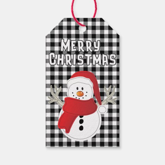 Vrolijk Kerstplezier Sneeuwman Cartoon Black Plaid Cadeaulabel (Voorkant)