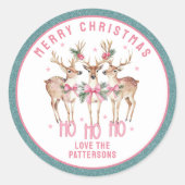 Vrolijk Kerstrendier gepersonaliseerde naam Ronde Sticker (Voorkant)