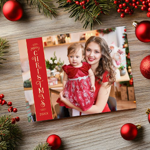 Vrolijk kerstrood 2 foto's familie goud folie feestdagen briefkaart