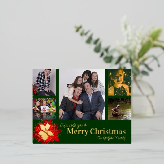 Vrolijk kerstrood 5 foto's rood groen punsettia folie feestdagen briefkaart (Staand Voorkant)