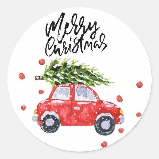 Vrolijk kerstrood auto met kerstboom ronde sticker (Voorkant)