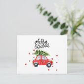 Vrolijk kerstrood auto met kerstboomkaart briefkaart (Staand voorkant)