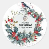 Vrolijk kerstrood bessen & goudvink ronde sticker (Voorkant)