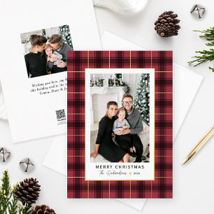 Vrolijk kerstrood en gouden tartan foto folie feestdagenkaart