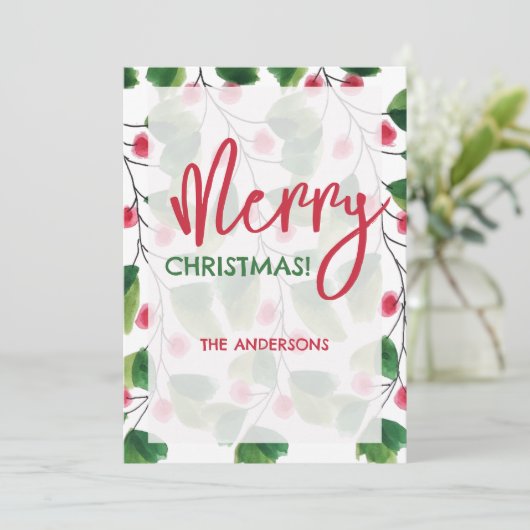 Vrolijk kerstrood en groen Waterverf krans Feestdagenkaart (Staand voorkant)