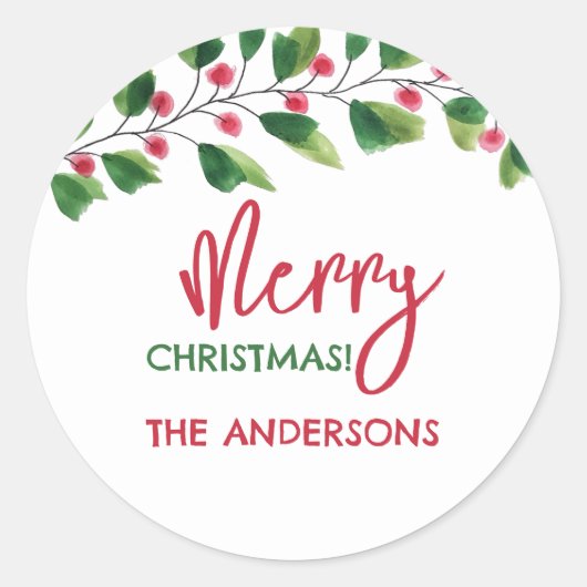 Vrolijk kerstrood en groen Waterverf krans Ronde Sticker (Voorkant)