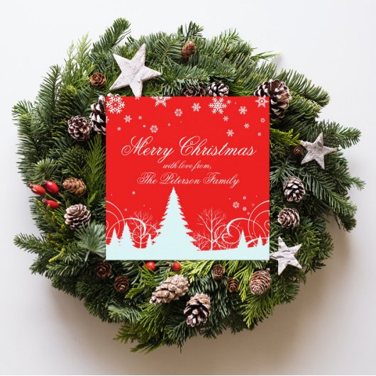 Vrolijk kerstrood en wit winterlandschap feestdagenkaart