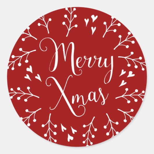 Vrolijk kerstrood en witte bessen en harten ronde sticker (Voorkant)