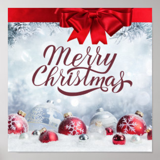 Vrolijk kerstrood en witte Ornamenten met sneeuwvl Poster