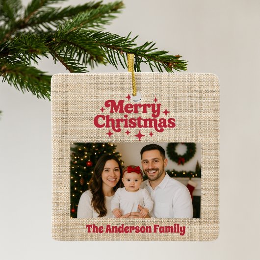 Vrolijk kerstrood foto beige burlap keramisch ornament