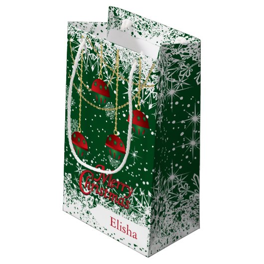 Vrolijk kerstrood, groen en gouden versieringen klein cadeauzakje (Achterkant Gekanteld)