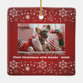 Vrolijk kerstrood Happy Nieuwjaar + Familie Foto Keramisch Ornament