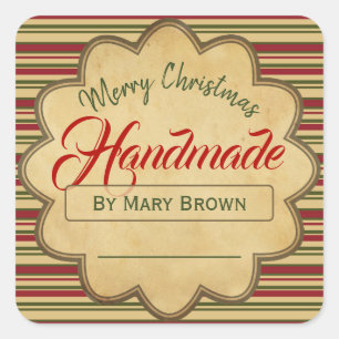 Vrolijk kerstrood met groene streep Handmade  Vierkante Sticker