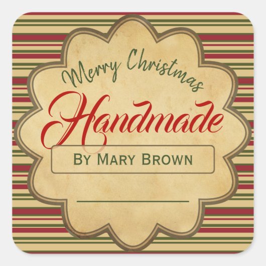 Vrolijk kerstrood met groene streep Handmade  Vierkante Sticker (Voorkant)