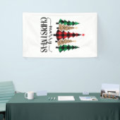 Vrolijk kerstrood met groene vleugelbomen spandoek (Beurs)