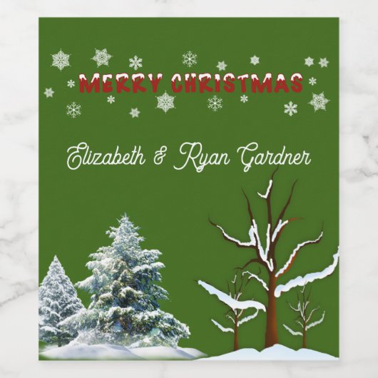 Vrolijk kerstrood met rode bomen Snowflakes Wijn Etiket (Enkel label)
