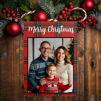 Vrolijk Kerstrood Plaid Custom Family Photo Feestdagenkaart