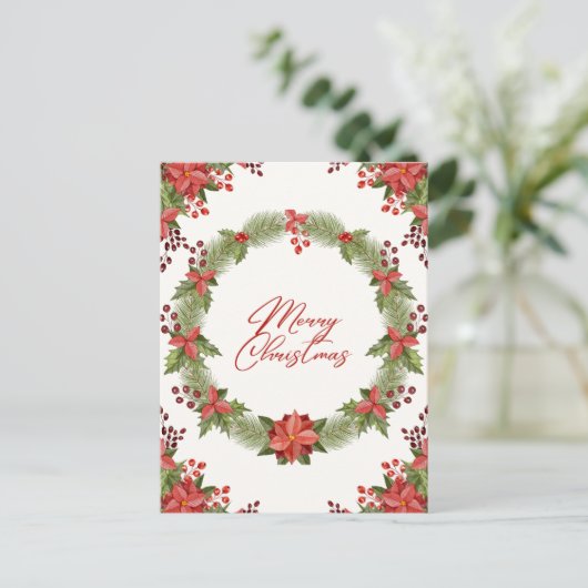 Vrolijk kerstrood poinsettia en bessen feestdagenkaart (Staand voorkant)