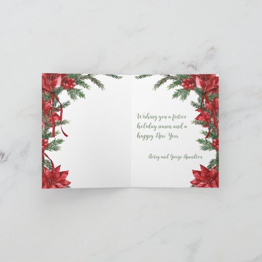 Vrolijk Kerstrood Poinsettias Lintbogen Feestdagen Kaart (Binnen)