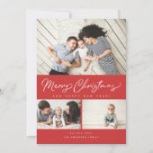 Vrolijk kerstrood script 3 Collage Multi-Photo Feestdagenkaart (Voorkant)