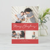 Vrolijk kerstrood script 3 Collage Multi-Photo Feestdagenkaart (Staand voorkant)