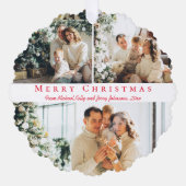 Vrolijk kerstrood script 3 foto's collage chic ornament kaart (Voorkant)