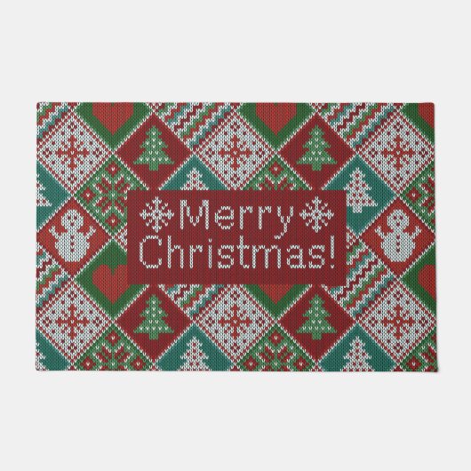 Vrolijk kerstrood wit faux nit Pattern Deurmat (Voorkant)