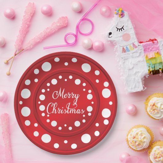 Vrolijk kerstrood wit stippen patroon papieren bordje (Feest)