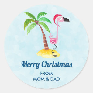 Vrolijk kerstroze flamingo in een rode kerstmuts ronde sticker