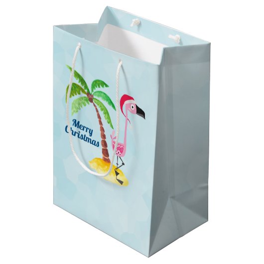 Vrolijk kerstroze flamingo in Santa Hat Medium Cadeauzakje (Voorkant Gekanteld)