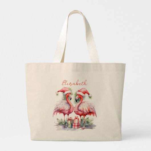Vrolijk kerstroze flamingo's grote tote bag (Achterkant)