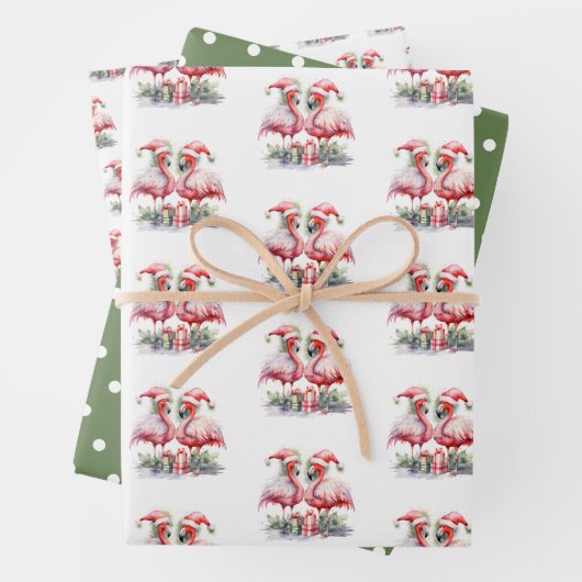 Vrolijk kerstroze flamingo's inpakpapier vel (In situ)