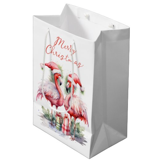 Vrolijk kerstroze flamingo's medium cadeauzakje (Voorkant Gekanteld)