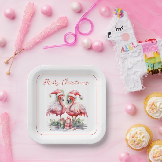 Vrolijk kerstroze flamingo's papieren bordje (Feest)