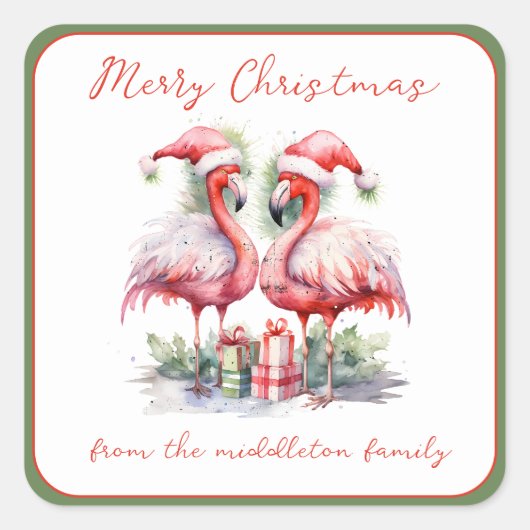 Vrolijk kerstroze flamingo's vierkante sticker (Voorkant)