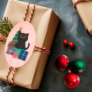 Vrolijk Kerstroze Schattigee Zwarte Kat Kerstboom Ovale Sticker