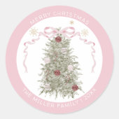 Vrolijk kerstroze strikje ronde sticker (Voorkant)