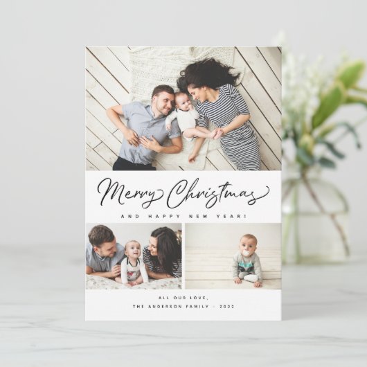 Vrolijk kerstscript 3 Collage Multi-Photo Feestdagenkaart (Staand voorkant)